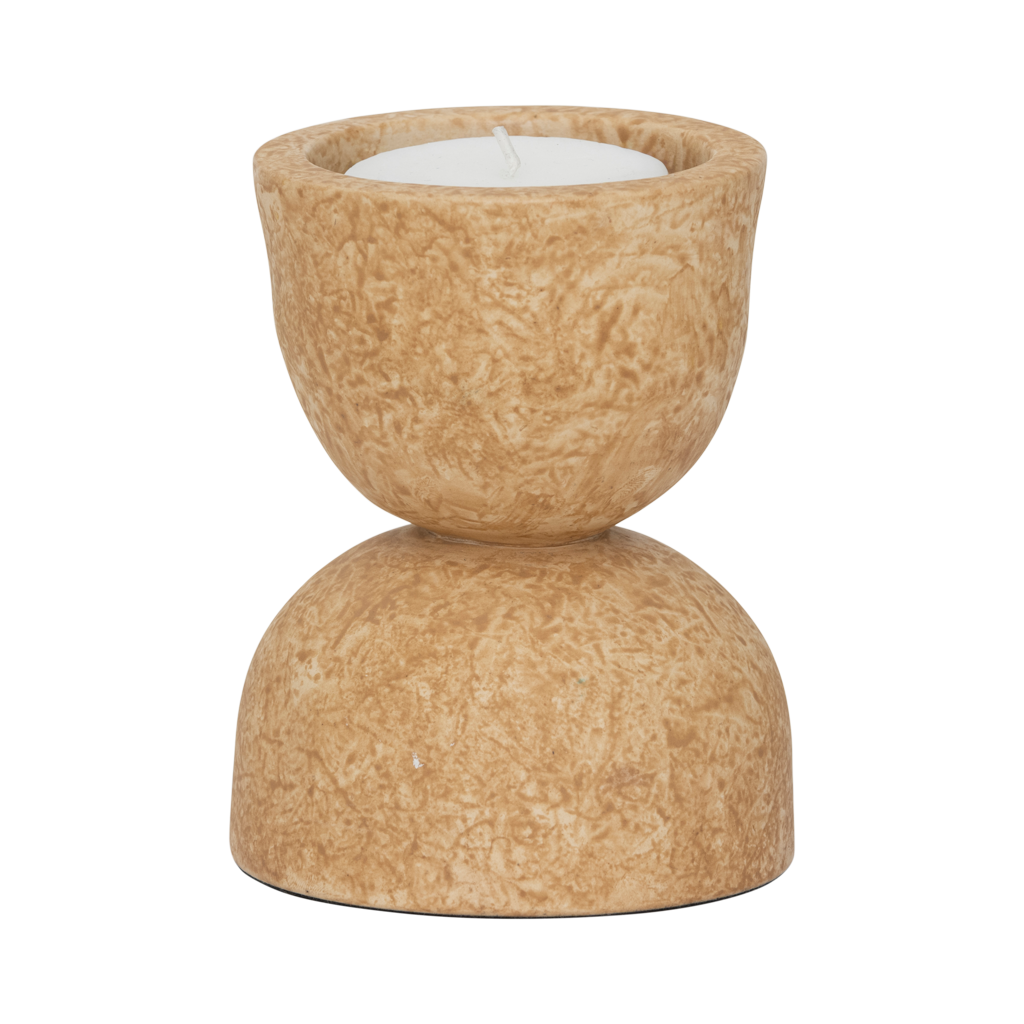 A xl tealight holder with a gently curved hourglass silhouette, in the colour pale khaki. The matt sponging technique adds a soft, layered effect in the finish, giving the piece visual interest. Made from a balanced mix of recycled and virgin ceramics.