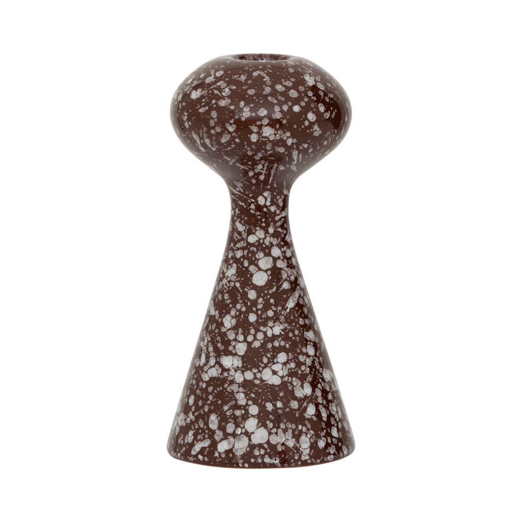 A curvy, flowing candle holder in a warm, inviting cappuccino colour with a expressive shiny reactive glaze, made from a balanced mix of recycled and virgin ceramics.