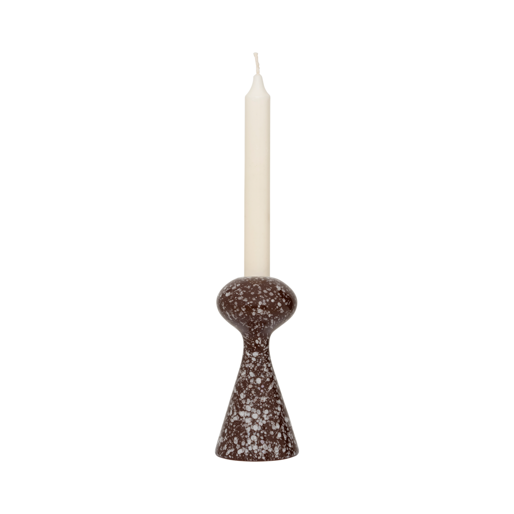 A curvy, flowing candle holder in a warm, inviting cappuccino colour with a expressive shiny reactive glaze, made from a balanced mix of recycled and virgin ceramics.