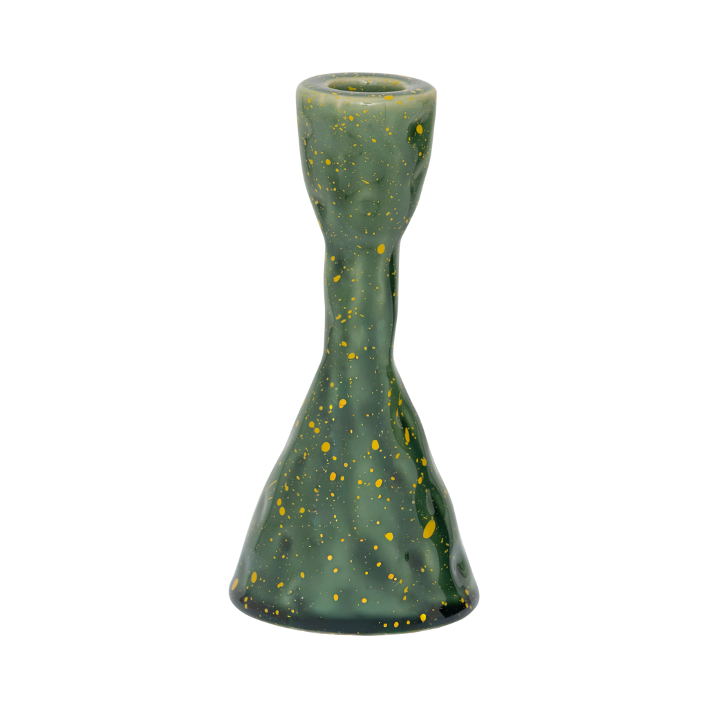 A handmade organically shaped candleholder, made from a balanced mix of recycled and virgin ceramics. An expressive reactive glaze in a vibrant banana palm colour.