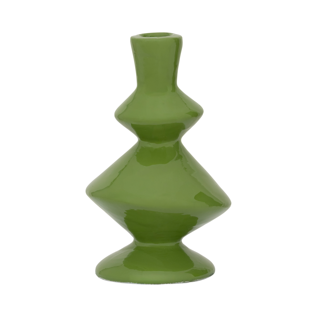 A candleholder made from ecomix in bright solid shiny banana palm, featuring a playful, geometric but also asymmetric design.