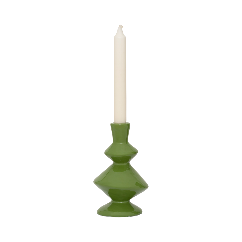 A candleholder made from ecomix in bright solid shiny banana palm, featuring a playful, geometric but also asymmetric design.