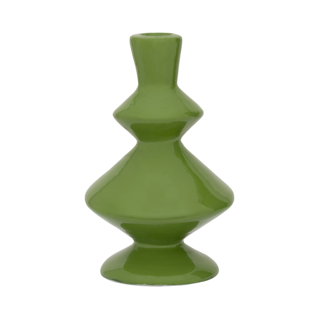 A candleholder made from ecomix in bright solid shiny banana palm, featuring a playful, geometric but also asymmetric design.