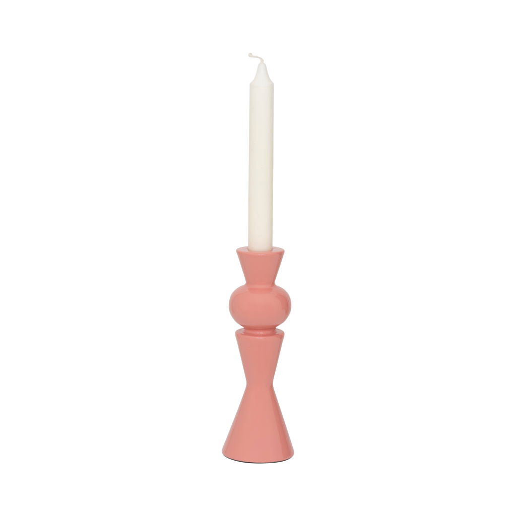 A candleholder composed of a mix of geometric shapes that come together in an engaging design, crafted from a balanced mix of recycled and virgin ceramics. In blush, an romantic and bright colour.