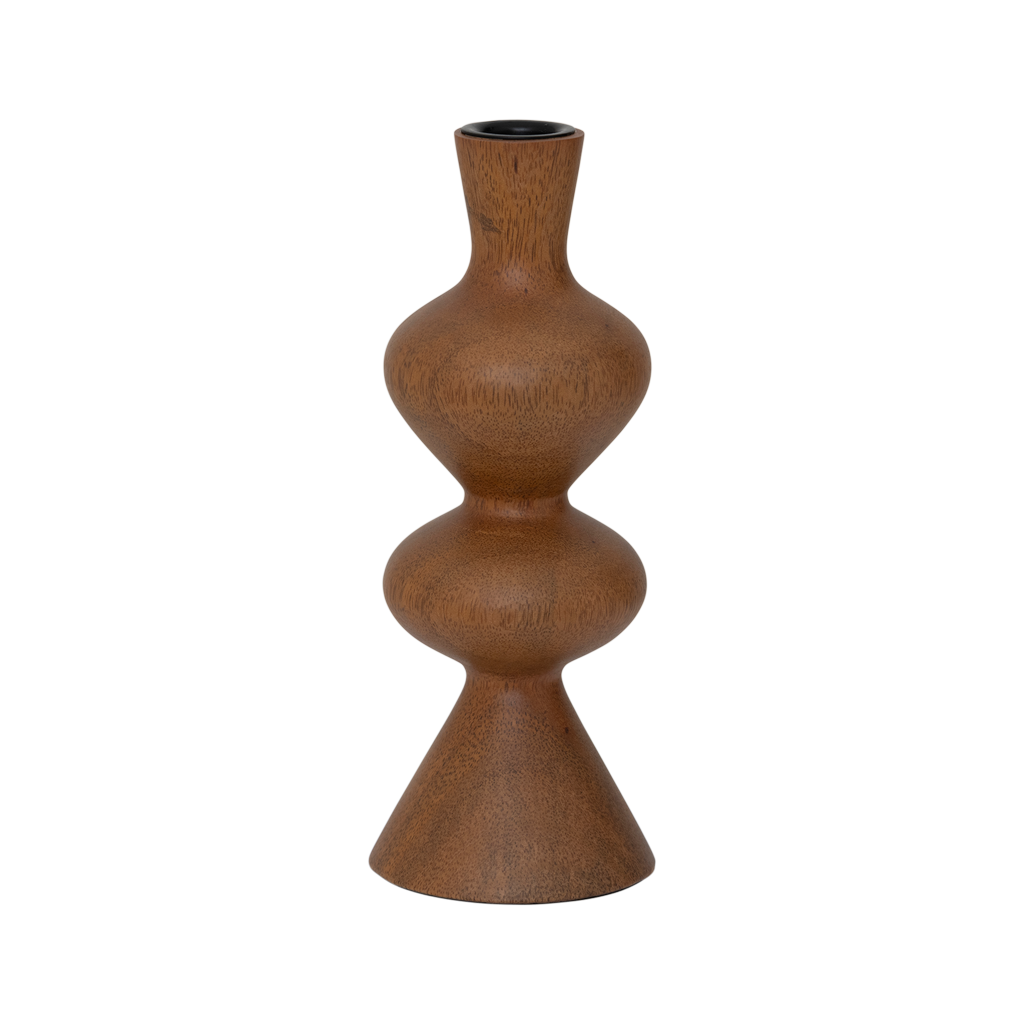 A curvy candleholder with expressive flowing lines, in the grounded colour golden oak. Made of eco-friendly mangowood, of which the timber is harvested after the mango tree passed its fruit-bearing life span.