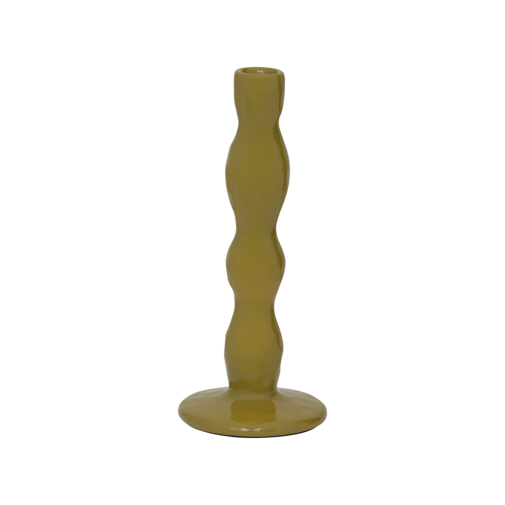 A candleholder with a gentle, flowing form and a lightly battered skin, in the muted natural colour evergreen sprig and in a shiny finsh. Made from a balanced mix of recycled and virgin ceramics.