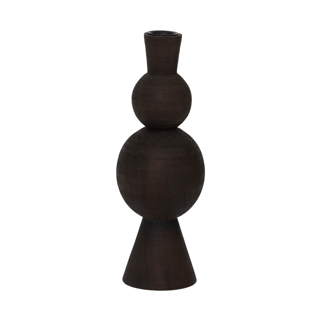 A candleholder combining two different spherical shapes and sizes to create a dynamic, engaging form. The horizontal stripe texture around the surface adds rhythm. Made of eco-friendly mangowood, of which the timber is harvested after the mango tree passed its fruit-bearing life span.