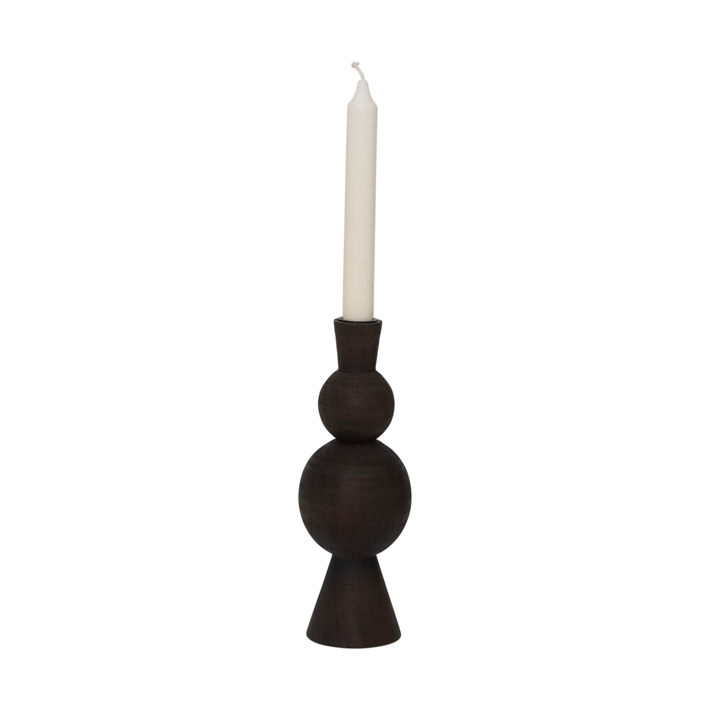 A candleholder combining two different spherical shapes and sizes to create a dynamic, engaging form. The horizontal stripe texture around the surface adds rhythm. Made of eco-friendly mangowood, of which the timber is harvested after the mango tree passed its fruit-bearing life span.