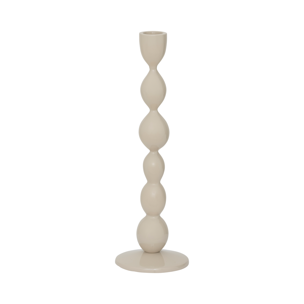 Aluminium candle holder with intersecting stacked irregular shaped ovals with a modern, sea-inspired silhouette, inspiring but calm. In the natural colour pale khaki and with a shiny glaze.