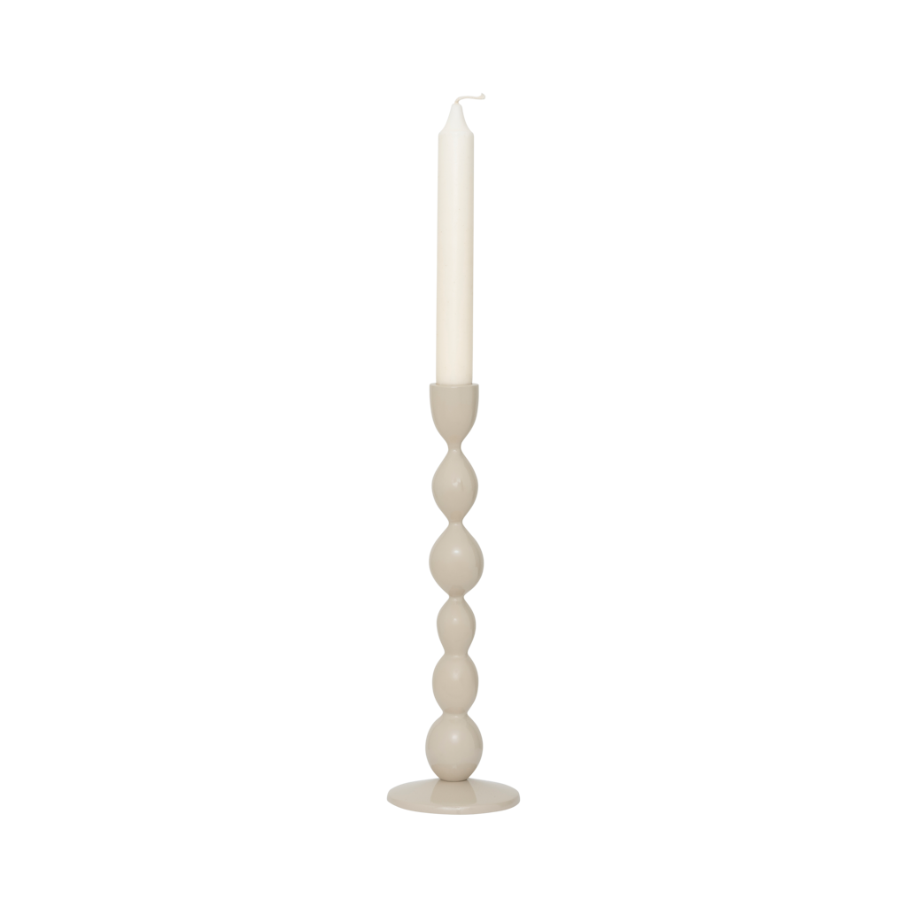 Aluminium candle holder with intersecting stacked irregular shaped ovals with a modern, sea-inspired silhouette, inspiring but calm. In the natural colour pale khaki and with a shiny glaze.