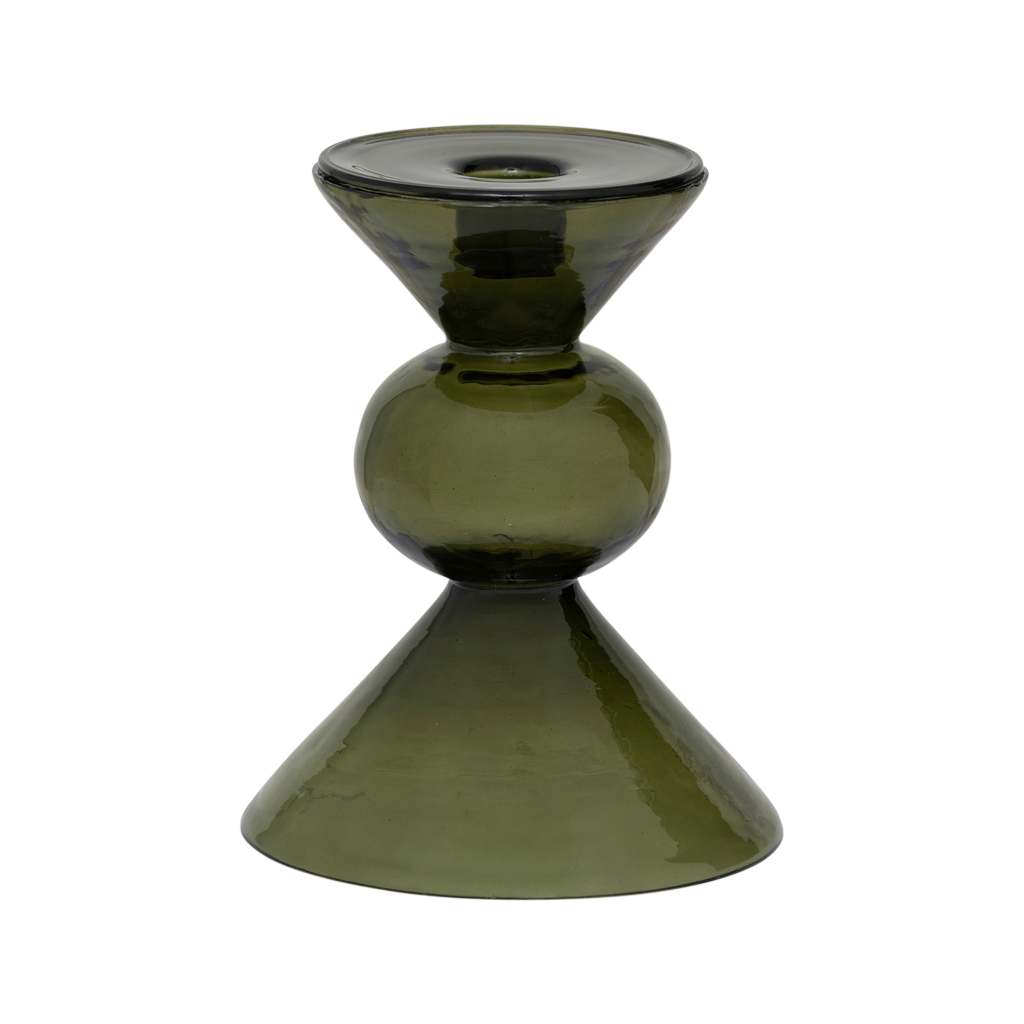 A contemporary, geometric recycled glass candle holder in the natural colour banana palm, featuring stacked and sculptural shapes with a playful, modern vibe.