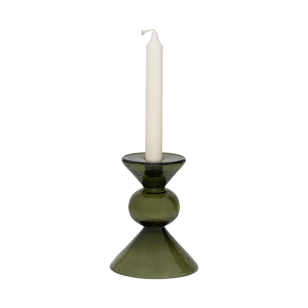A contemporary, geometric recycled glass candle holder in the natural colour banana palm, featuring stacked and sculptural shapes with a playful, modern vibe.