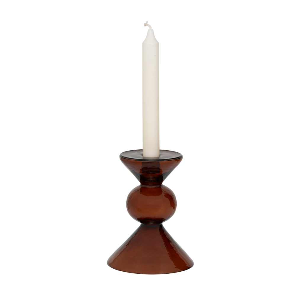 A contemporary, geometric recycled glass candle holder in the rustic colour brick, featuring stacked and sculptural shapes with a playful, modern vibe.