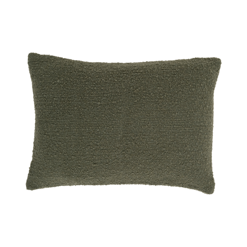 Cosy rectangular wool blend cushion with a soft, textured, bobbly sweave, in the rich colour mayfly.