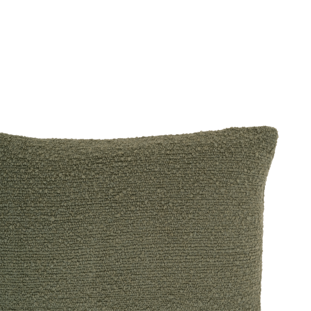 Cosy rectangular wool blend cushion with a soft, textured, bobbly sweave, in the rich colour mayfly.
