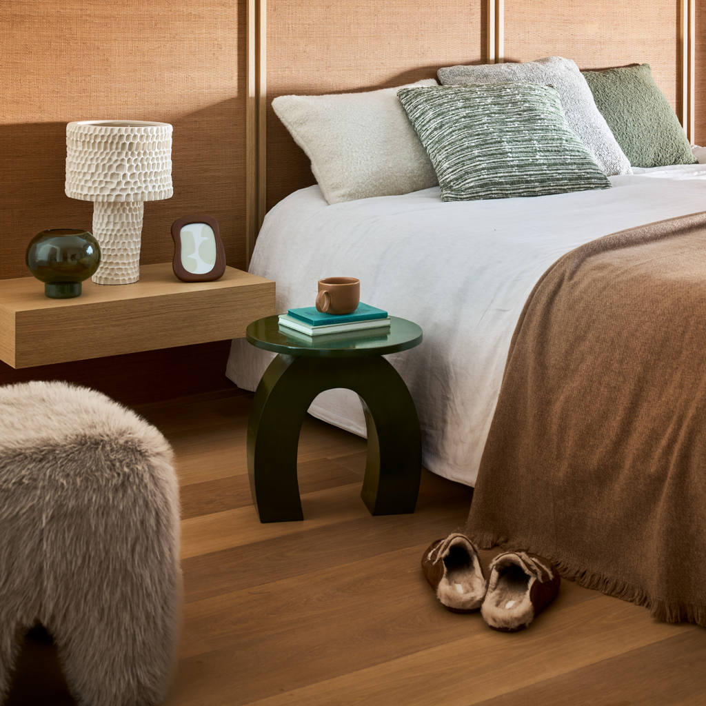 Cosy rectangular wool blend cushion with a soft, textured, bobbly sweave, in the rich colour mayfly.