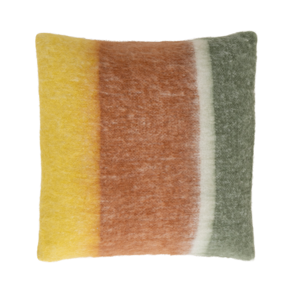 A brushed wool blend decorative cushion featuring bold vertical stripes in a contrast mix of warm, earthy tones.