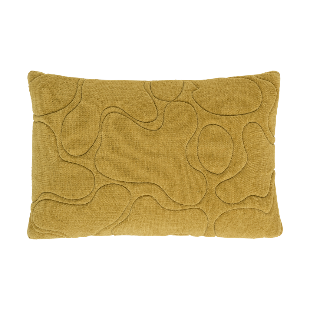 A cotton chenille decorative cushion in the uplifting, inviting colour yellow yasmine with a padded and quilted organic pattern.