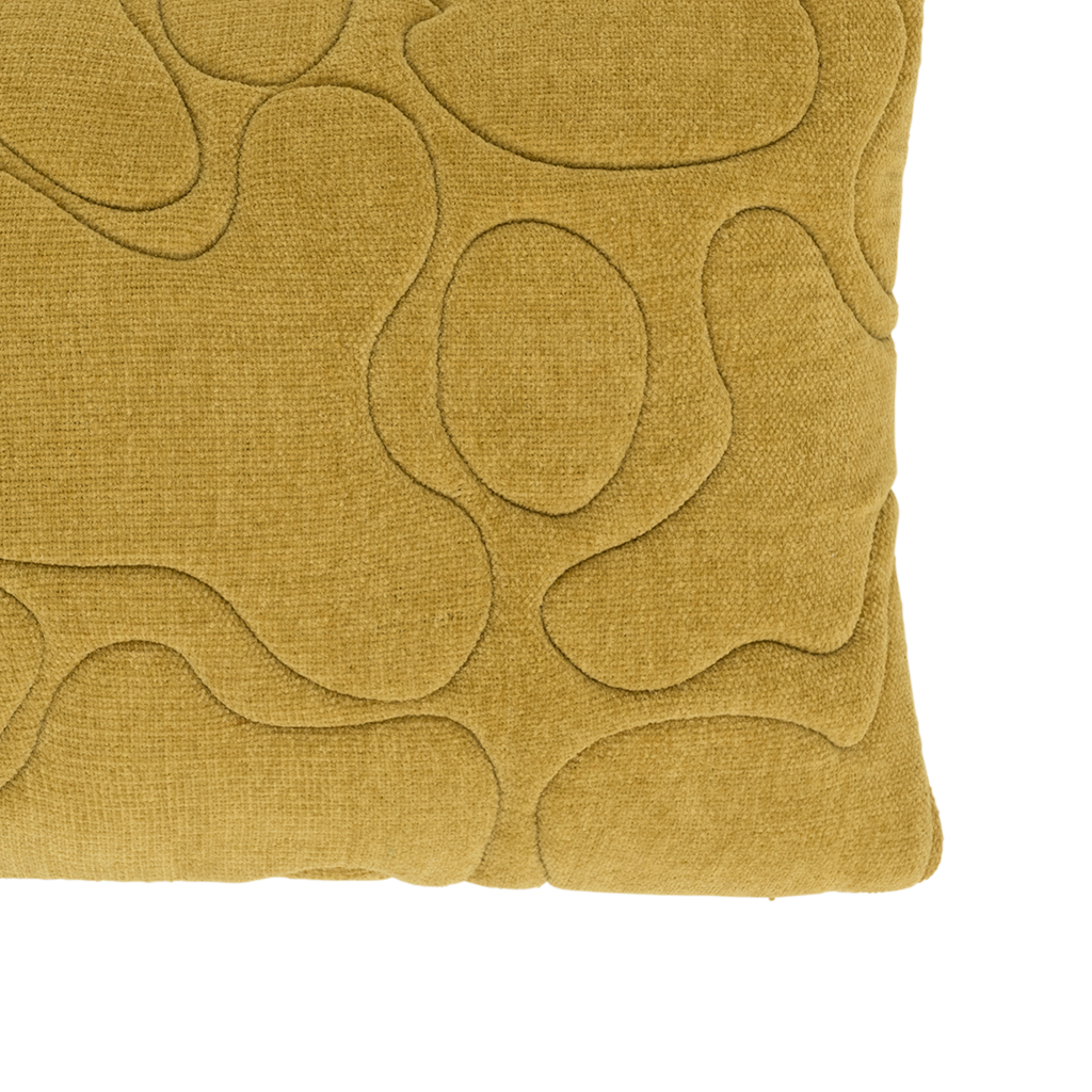 A cotton chenille decorative cushion in the uplifting, inviting colour yellow yasmine with a padded and quilted organic pattern.