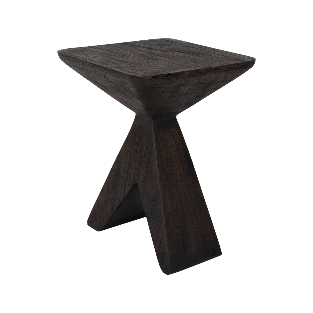 Handmade solid wood side table in a dark, warm walnut-coloured matt finish featuring a balanced, geometric design. Made of eco-friendly solid mangowood, of which the timber is harvested after the mango tree passed its fruit-bearing life span.