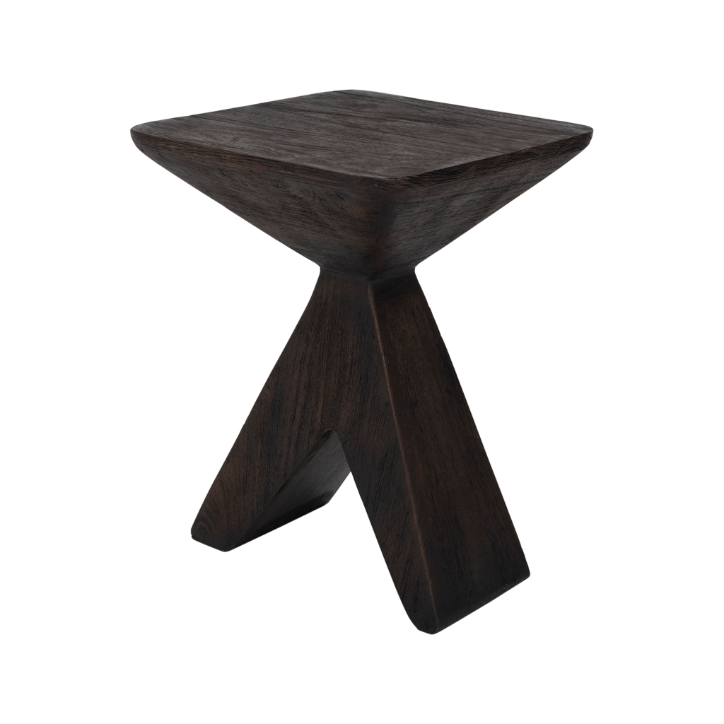 Handmade solid wood side table in a dark, warm walnut-coloured matt finish featuring a balanced, geometric design. Made of eco-friendly solid mangowood, of which the timber is harvested after the mango tree passed its fruit-bearing life span.