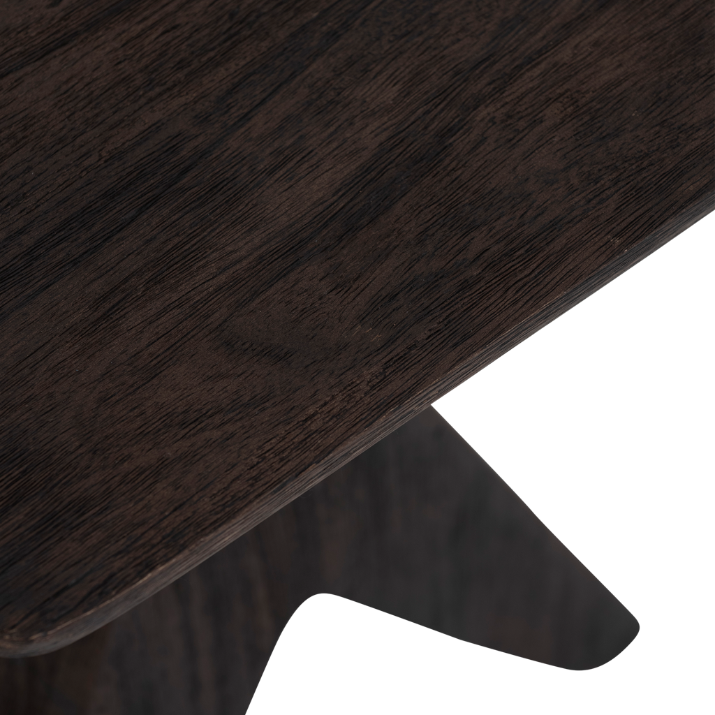 Handmade solid wood side table in a dark, warm walnut-coloured matt finish featuring a balanced, geometric design. Made of eco-friendly solid mangowood, of which the timber is harvested after the mango tree passed its fruit-bearing life span.