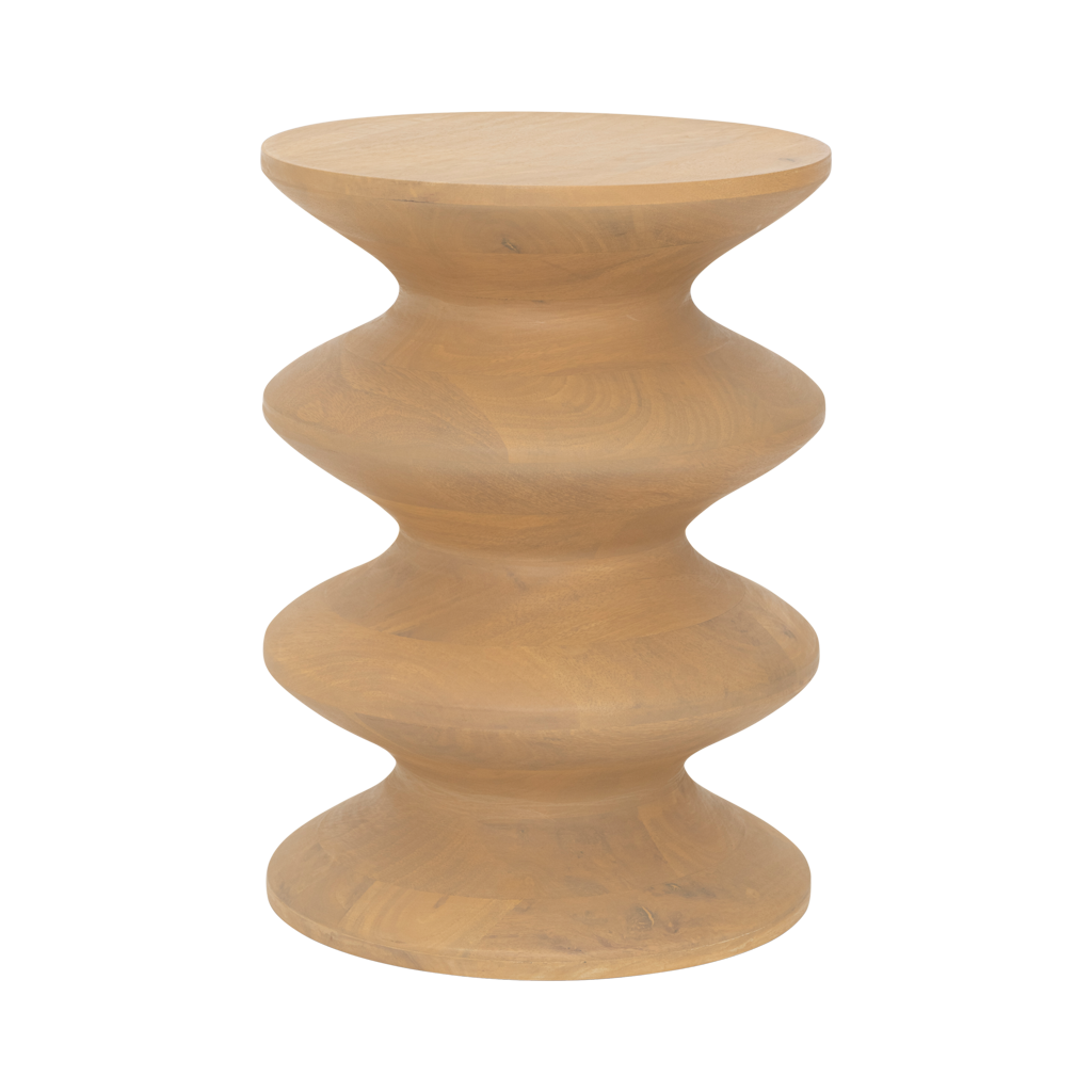 A wavy, curvy solid wood side table with a quirky shape, finished in light oak for a warm, natural feel. Made of eco-friendly mangowood, of which the timber is harvested after the mango tree passed its fruit-bearing life span.