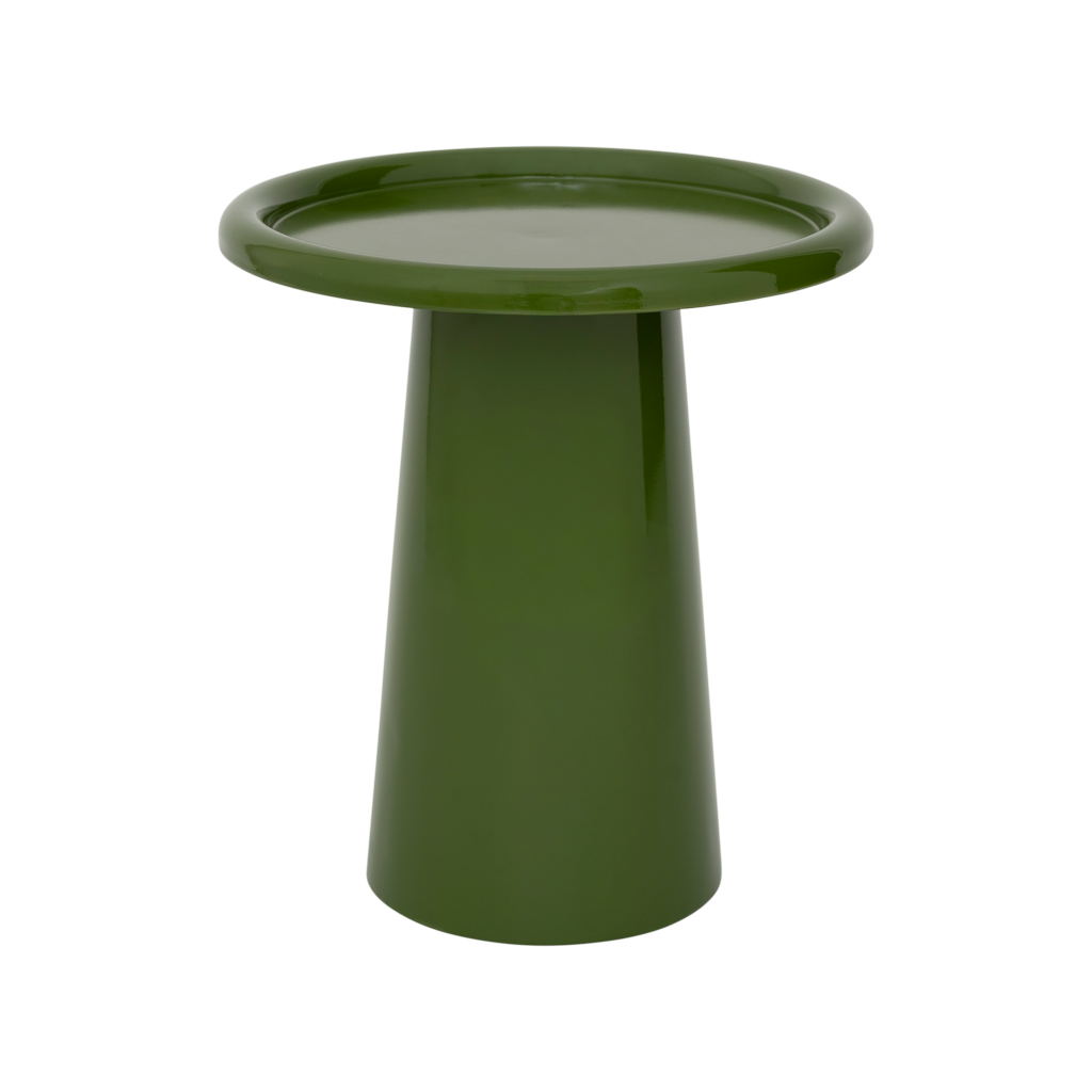 A modern side table with clean lines and a solid, bulky edge. Made of iron and in the vibrant banana palm colour that adds energy and character. Shiny finish.