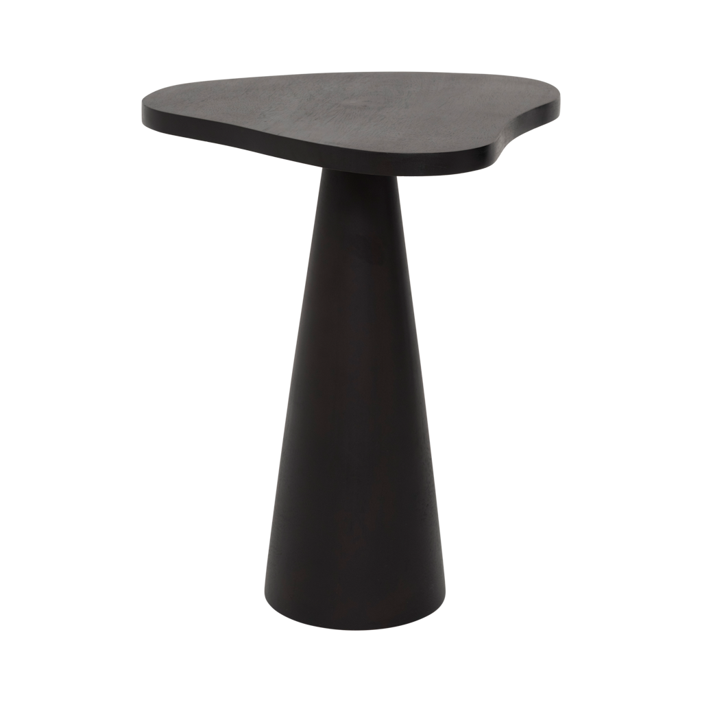 A solid wood side table with an organically shaped tabletop, in the warm and versatile colour walnut. Made of eco-friendly mangowood, of which the timber is harvested after the mango tree passed its fruit-bearing life span.