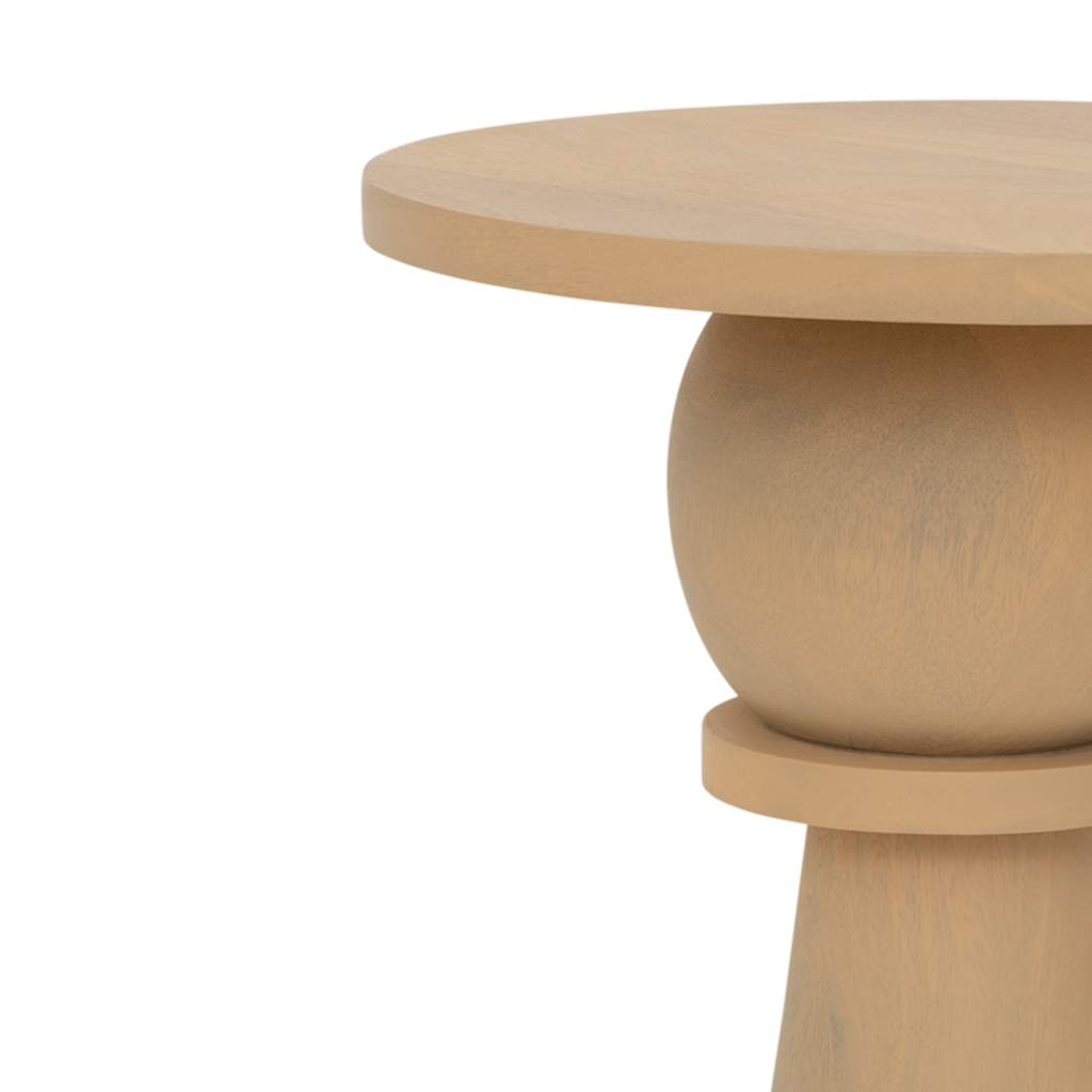 A harmonious composition of layered forms in the soft colour light oak. Solid wood. Made of eco-friendly mangowood, of which the timber is harvested after the mango tree passed its fruit-bearing life span.