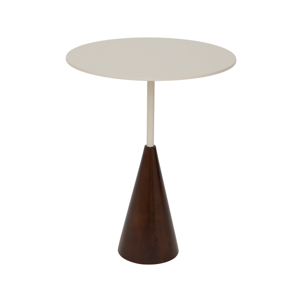 A sleek, modern side table featuring a warm, cappuccino-toned solid wood base and a soft, matt off-white metal top. Made of eco-friendly mangowood, of which the timber is harvested after the mango tree passed its fruit-bearing life span.