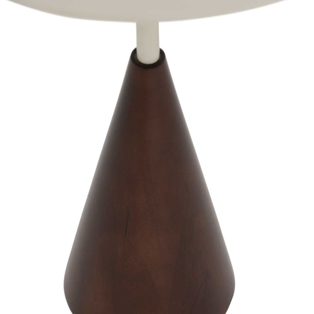 A sleek, modern side table featuring a warm, cappuccino-toned solid wood base and a soft, matt off-white metal top. Made of eco-friendly mangowood, of which the timber is harvested after the mango tree passed its fruit-bearing life span.