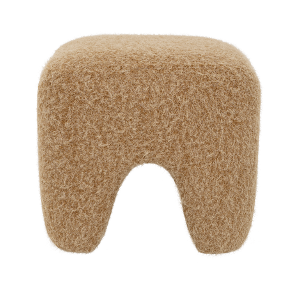 A sturdy pouf with rounded, chunky legs and a soft brushed and boiled wool-like weave in golden brown colour