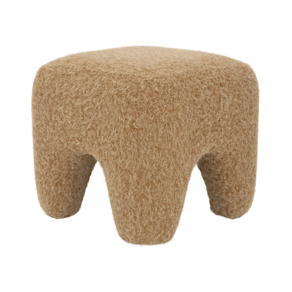 A sturdy pouf with rounded, chunky legs and a soft brushed and boiled wool-like weave in golden brown colour