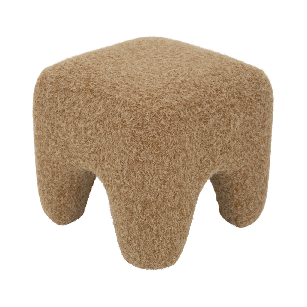 A sturdy pouf with rounded, chunky legs and a soft brushed and boiled wool-like weave in golden brown colour