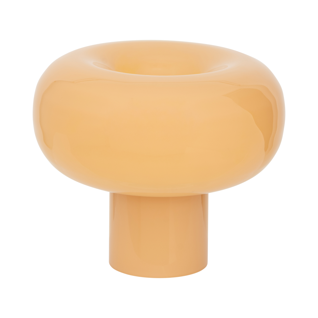 Handcrafted recycled opaque glass table lamp from Portugal with a straight base and donut-shaped top, with smooth curves in the warm colour clay.