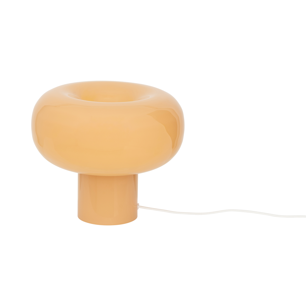 Handcrafted recycled opaque glass table lamp from Portugal with a straight base and donut-shaped top, with smooth curves in the warm colour clay.