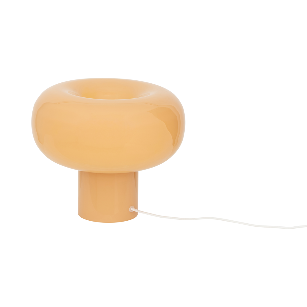 Handcrafted recycled opaque glass table lamp from Portugal with a straight base and donut-shaped top, with smooth curves in the warm colour clay.