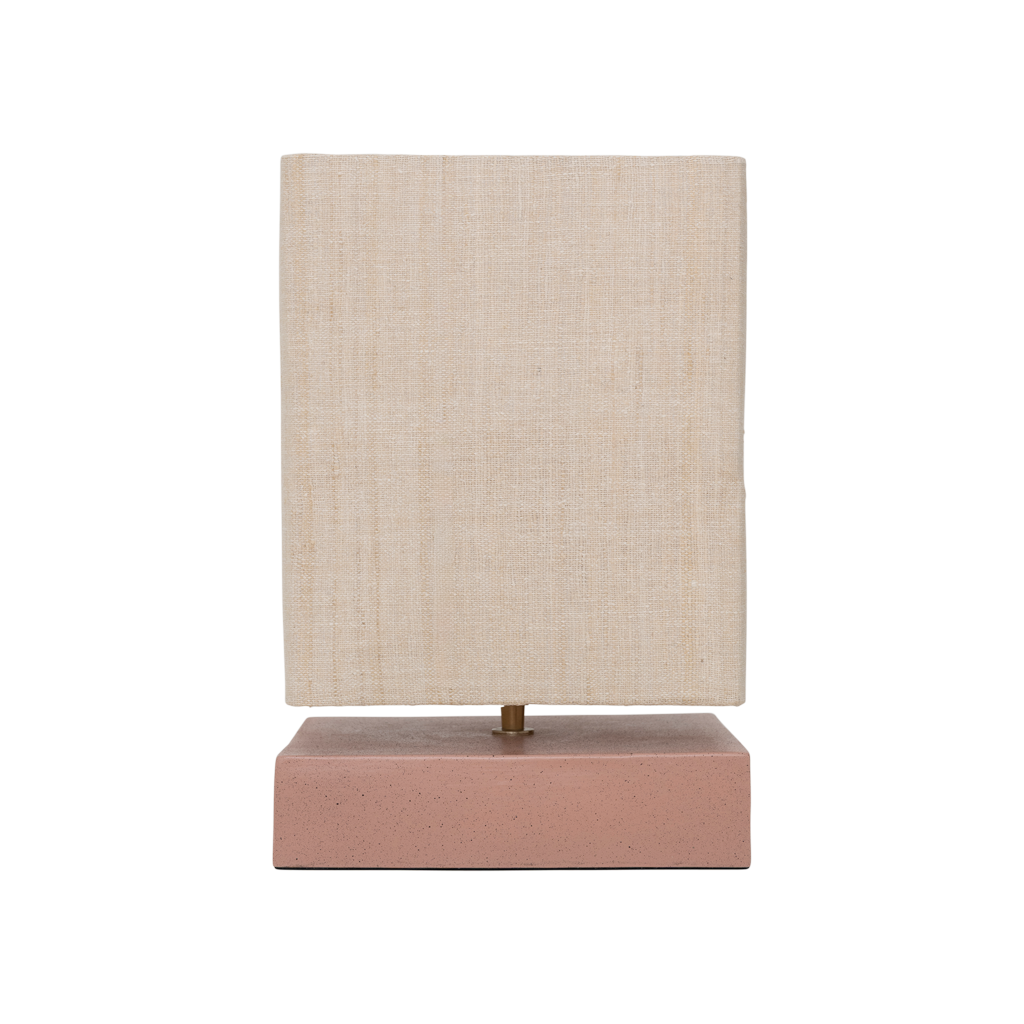 Table lamp with a rectangular beige linen shade and base made from a balanced mix of recycled and virgin ceramics. A minimalist, straight form, finished in matt rose smoke with a subtle speckle.