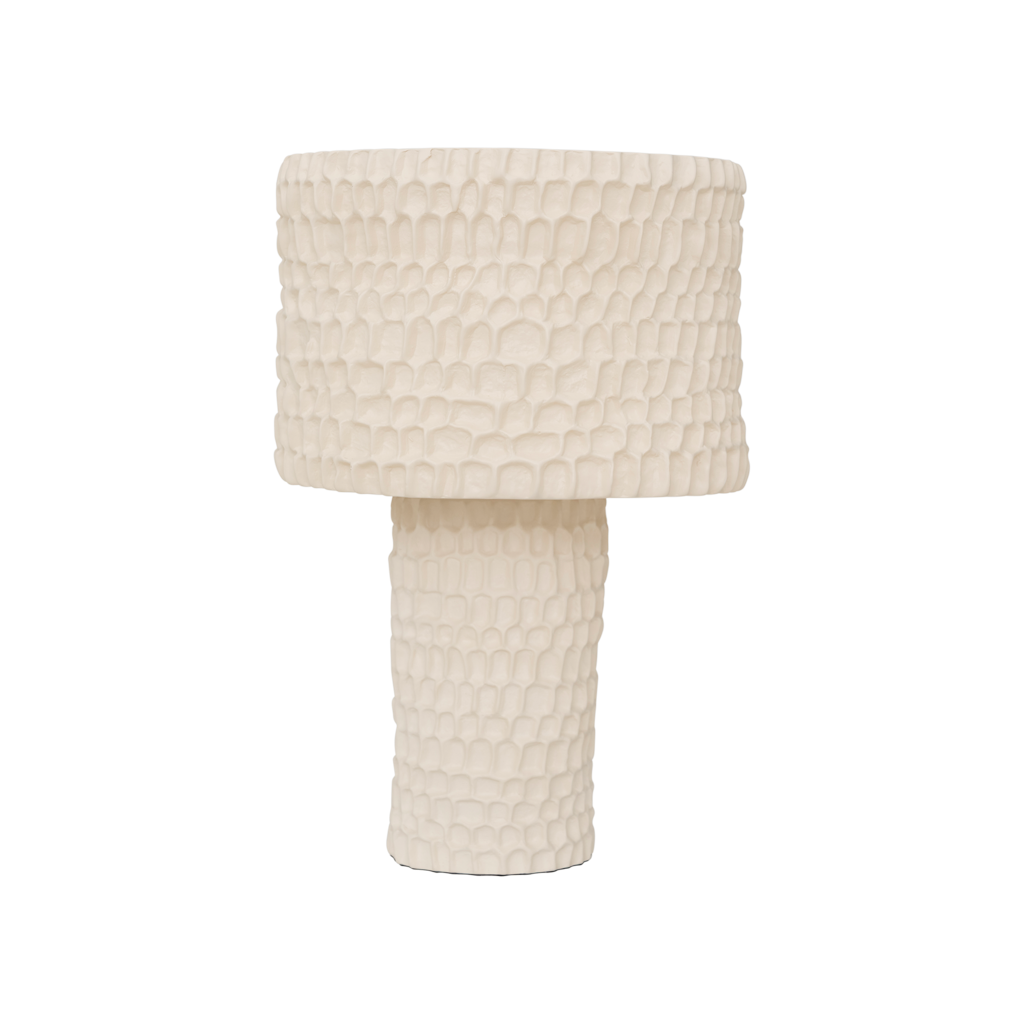 A skillful handmade fully textured matt ceramic table lamp in the calm colour Almond Milk. Expressive and outstanding design.
