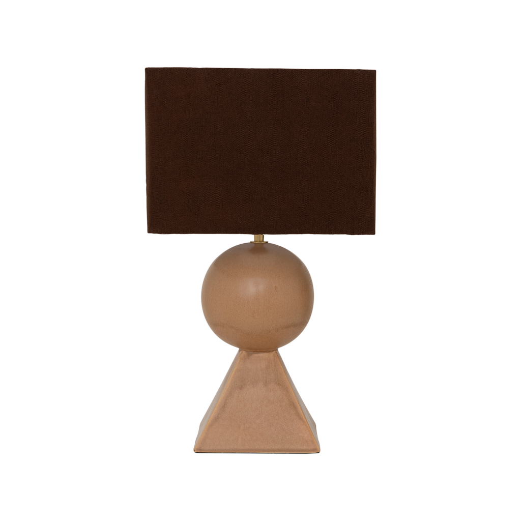 A lamp with a linen darkbrown shade, featuring a clean, modern silhouette formed by a pyramid and a sphere, finished in a mid-brown reactive glaze. Base made from a balanced mix of recycled and virgin ceramics.