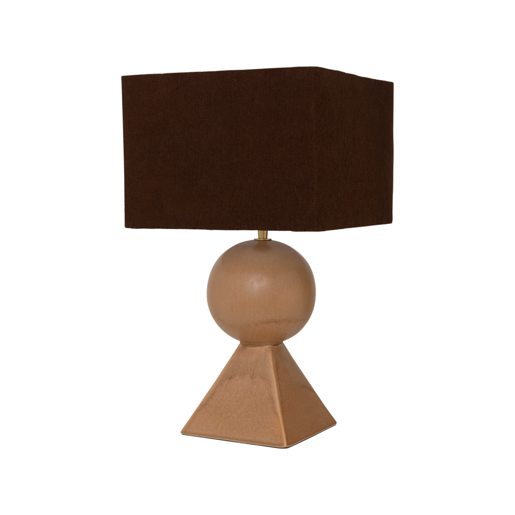 A lamp with a linen darkbrown shade, featuring a clean, modern silhouette formed by a pyramid and a sphere, finished in a mid-brown reactive glaze. Base made from a balanced mix of recycled and virgin ceramics.