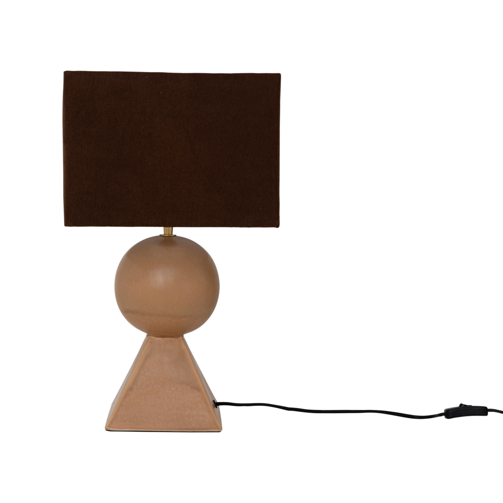 A lamp with a linen darkbrown shade, featuring a clean, modern silhouette formed by a pyramid and a sphere, finished in a mid-brown reactive glaze. Base made from a balanced mix of recycled and virgin ceramics.
