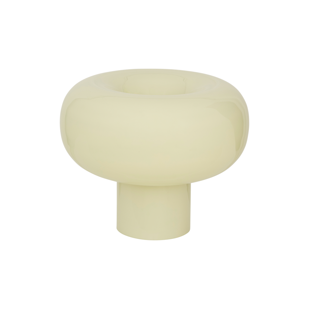 Handcrafted recycled opaque glass table lamp from Portugal with a straight base and donut-shaped top, with smooth curves in the soft and uplifting colour eucalyptus.
