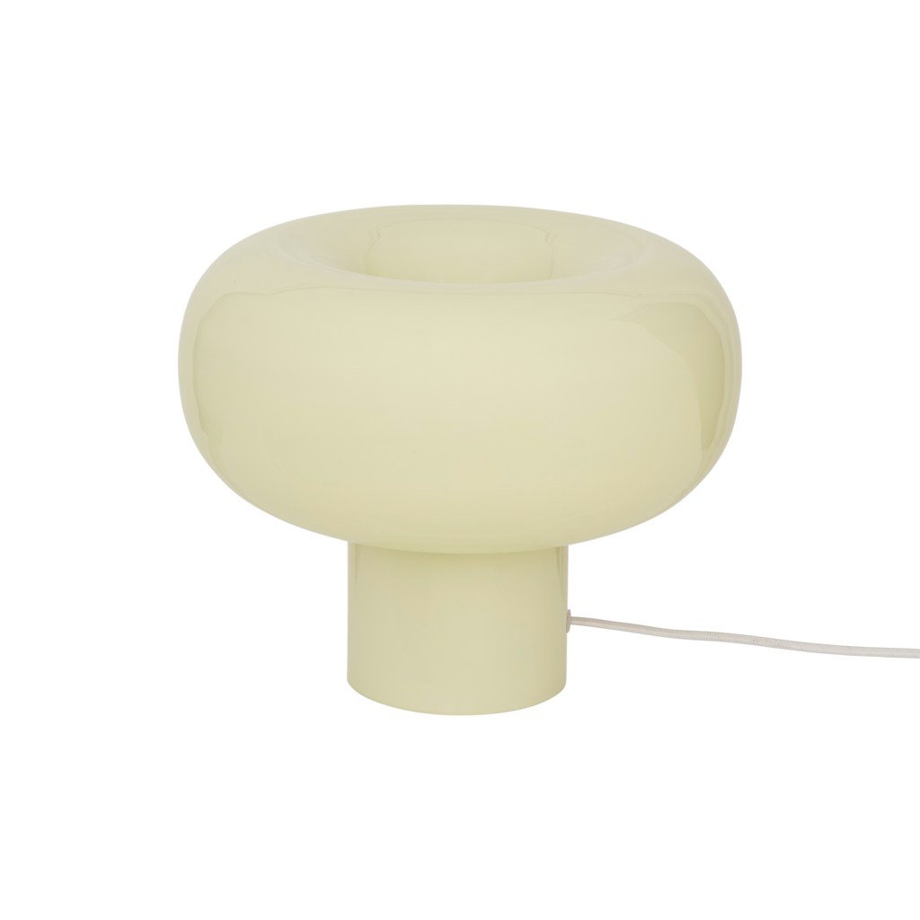 Handcrafted recycled opaque glass table lamp from Portugal with a straight base and donut-shaped top, with smooth curves in the soft and uplifting colour eucalyptus.