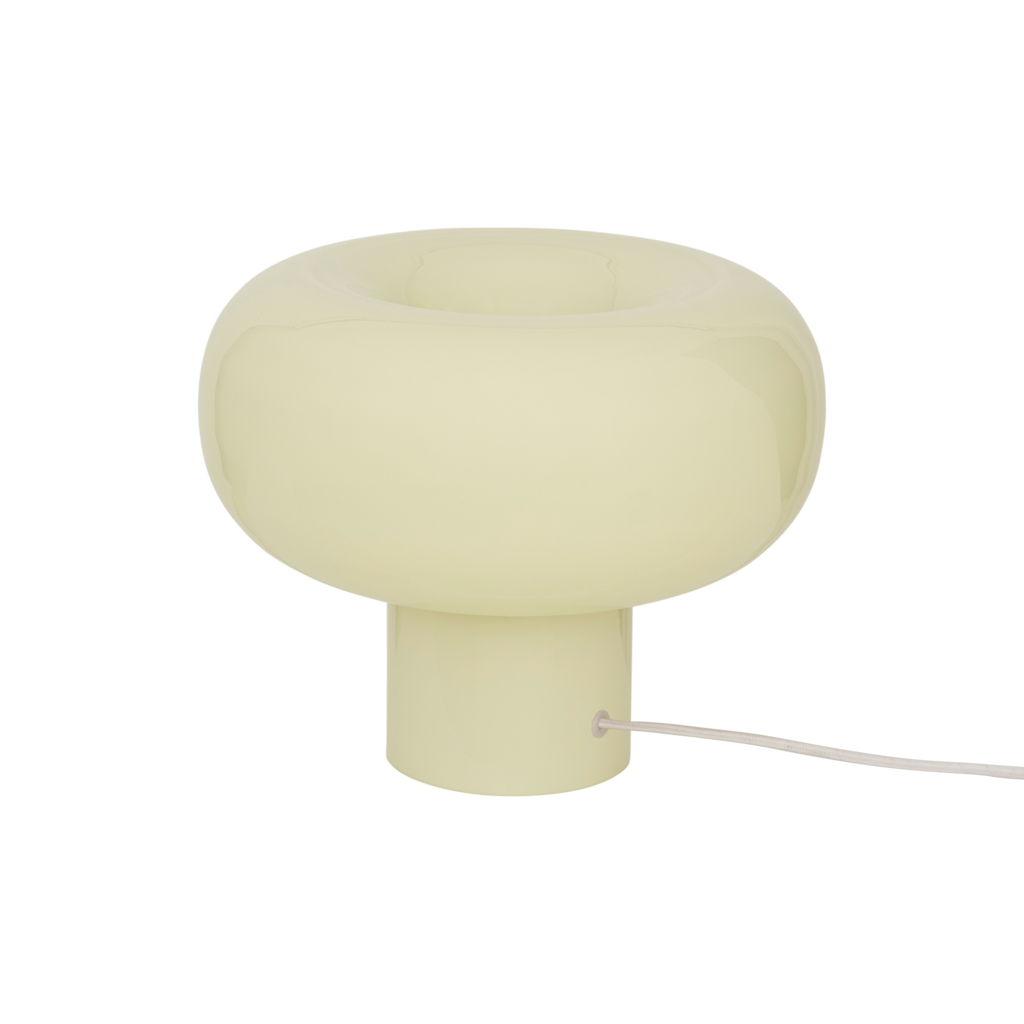 Handcrafted recycled opaque glass table lamp from Portugal with a straight base and donut-shaped top, with smooth curves in the soft and uplifting colour eucalyptus.