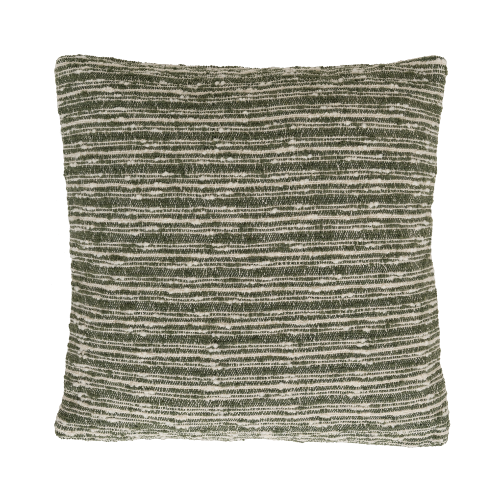 A decorative cushion with woven horizontal stripes in colours mayfly and off-white. Yarn is irregular.