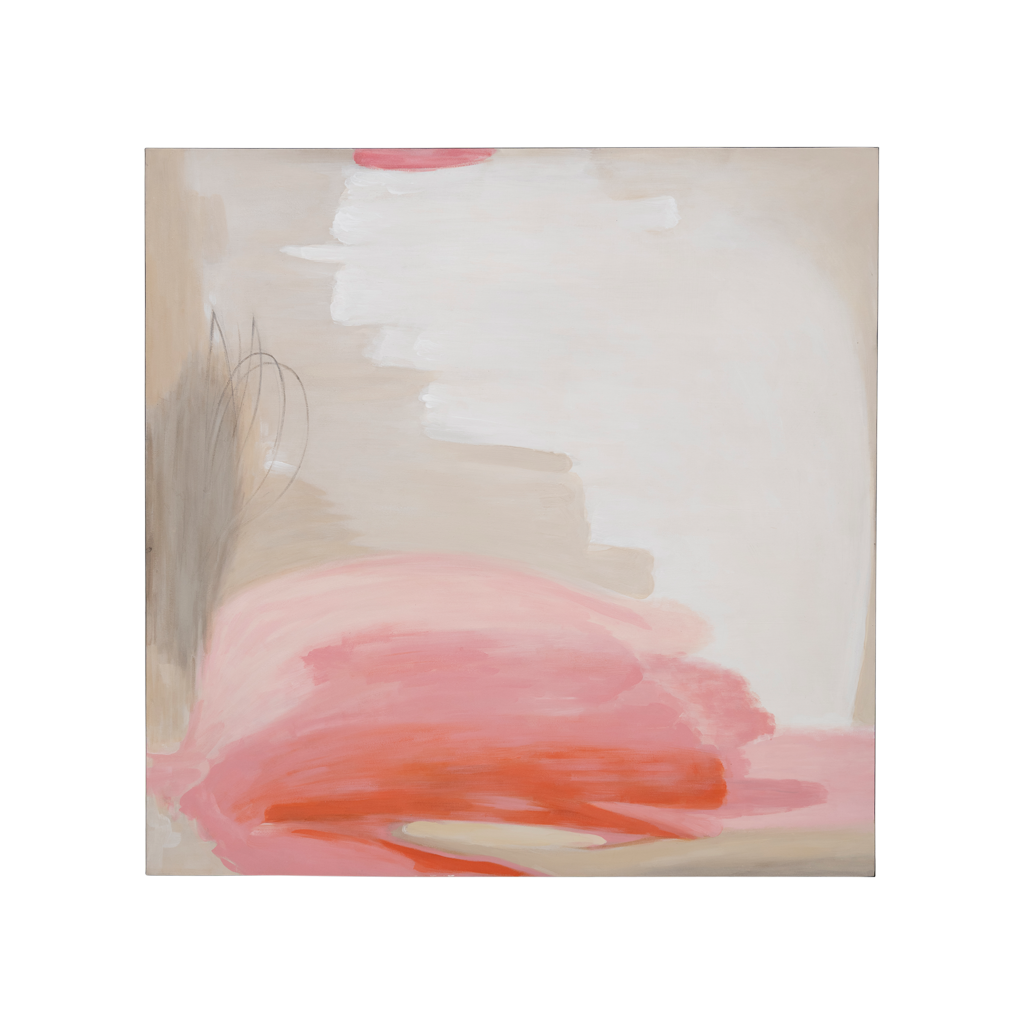 A very large abstract hand painted wall decor in soft pink, sand tones and off-white, adding a playful and uplifting touch to your space.