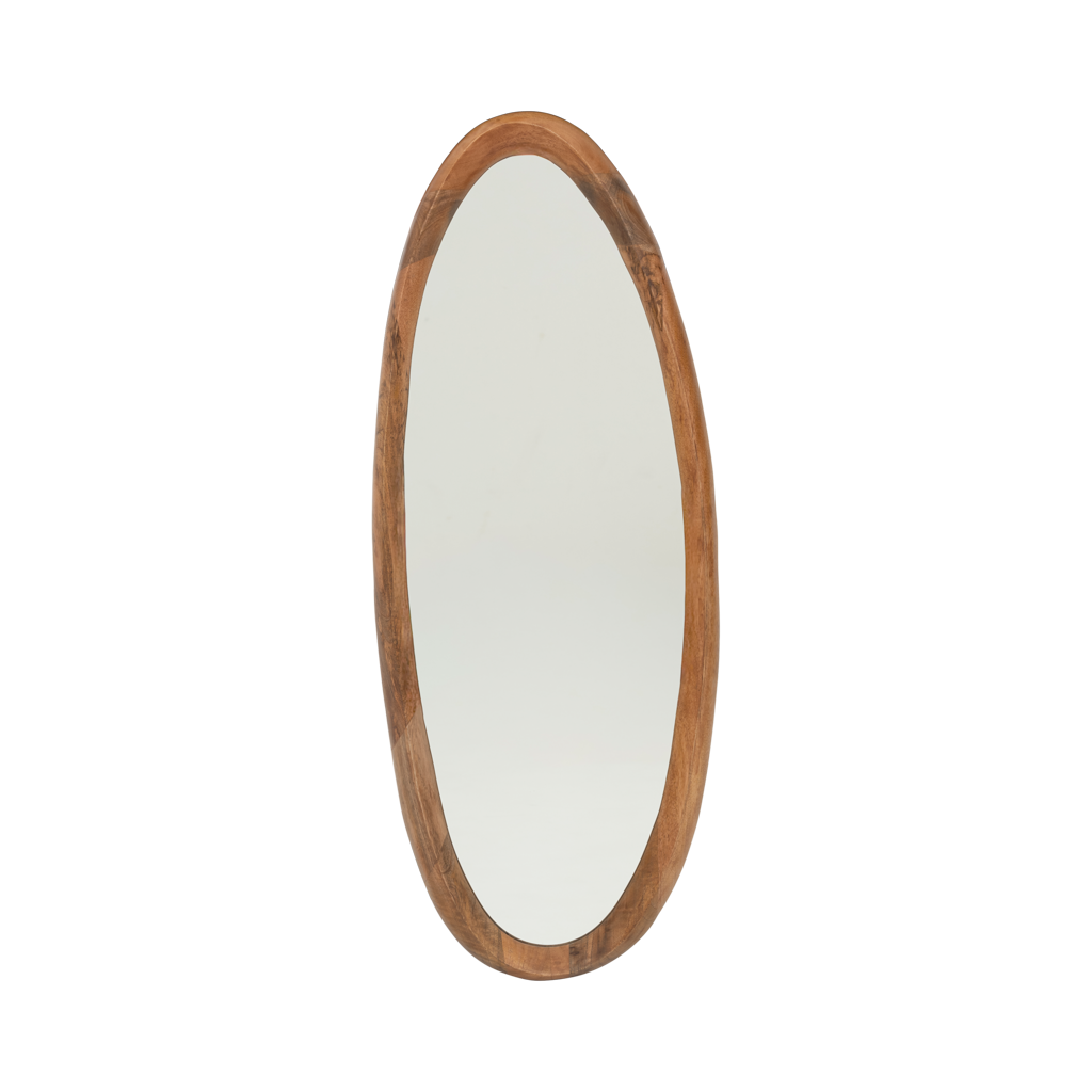 A large full-length mirror with an organic, flowing edge, matte finished in a warm golden oak colour. Hooks on the backside. Made of eco-friendly mangowood, of which the timber is harvested after the mango tree passed its fruit-bearing life span.