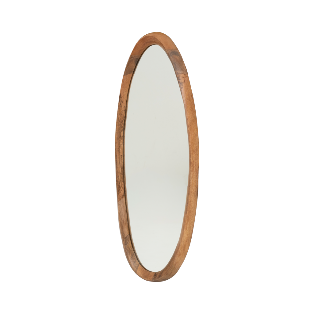 A large full-length mirror with an organic, flowing edge, matte finished in a warm golden oak colour. Hooks on the backside. Made of eco-friendly mangowood, of which the timber is harvested after the mango tree passed its fruit-bearing life span.